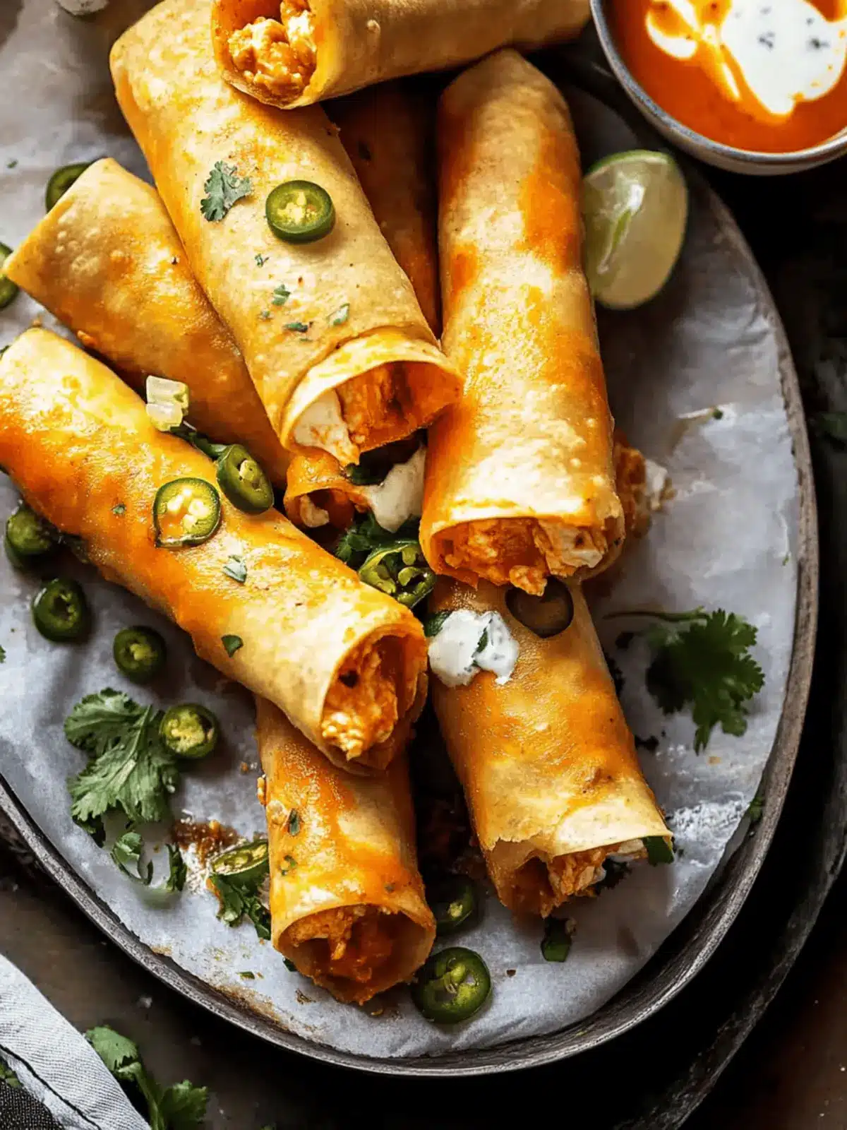 Jalapeño Cream Cheese Chicken Taquitos with Buffalo Sauce