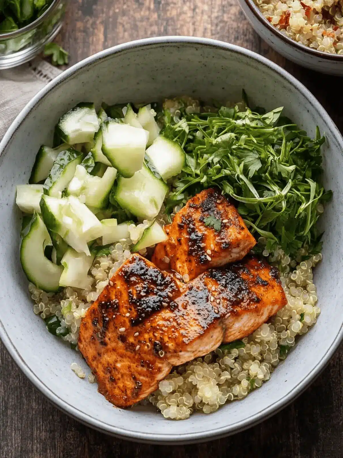 Honey Harissa Salmon Quinoa Bowls