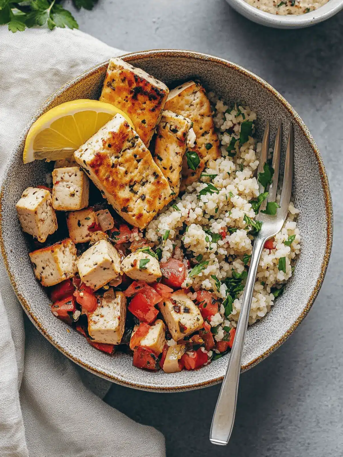 Mediterranean Herbed Lemon Tofu and Couscous Bowl