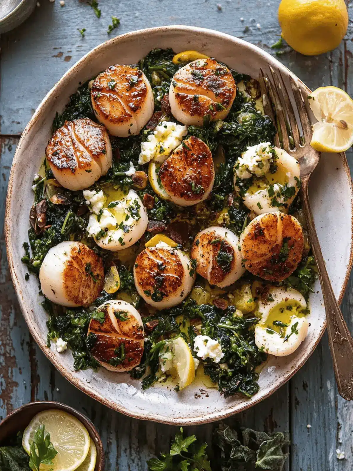 Herbed Garlic Butter Scallops with Lemony Feta Dressing