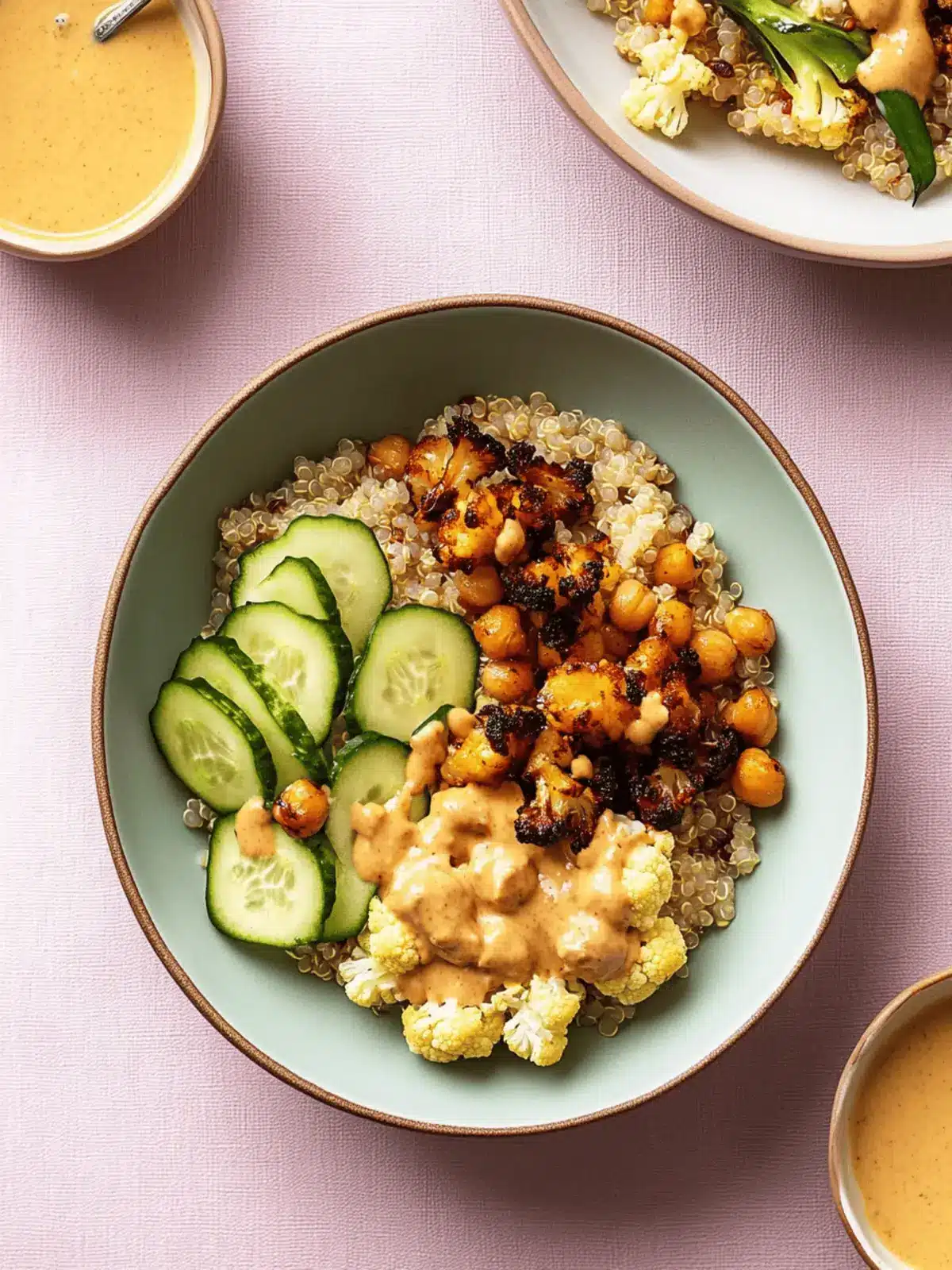 Roasted Cauliflower and Chickpea Quinoa Bowls with Curried Tahini