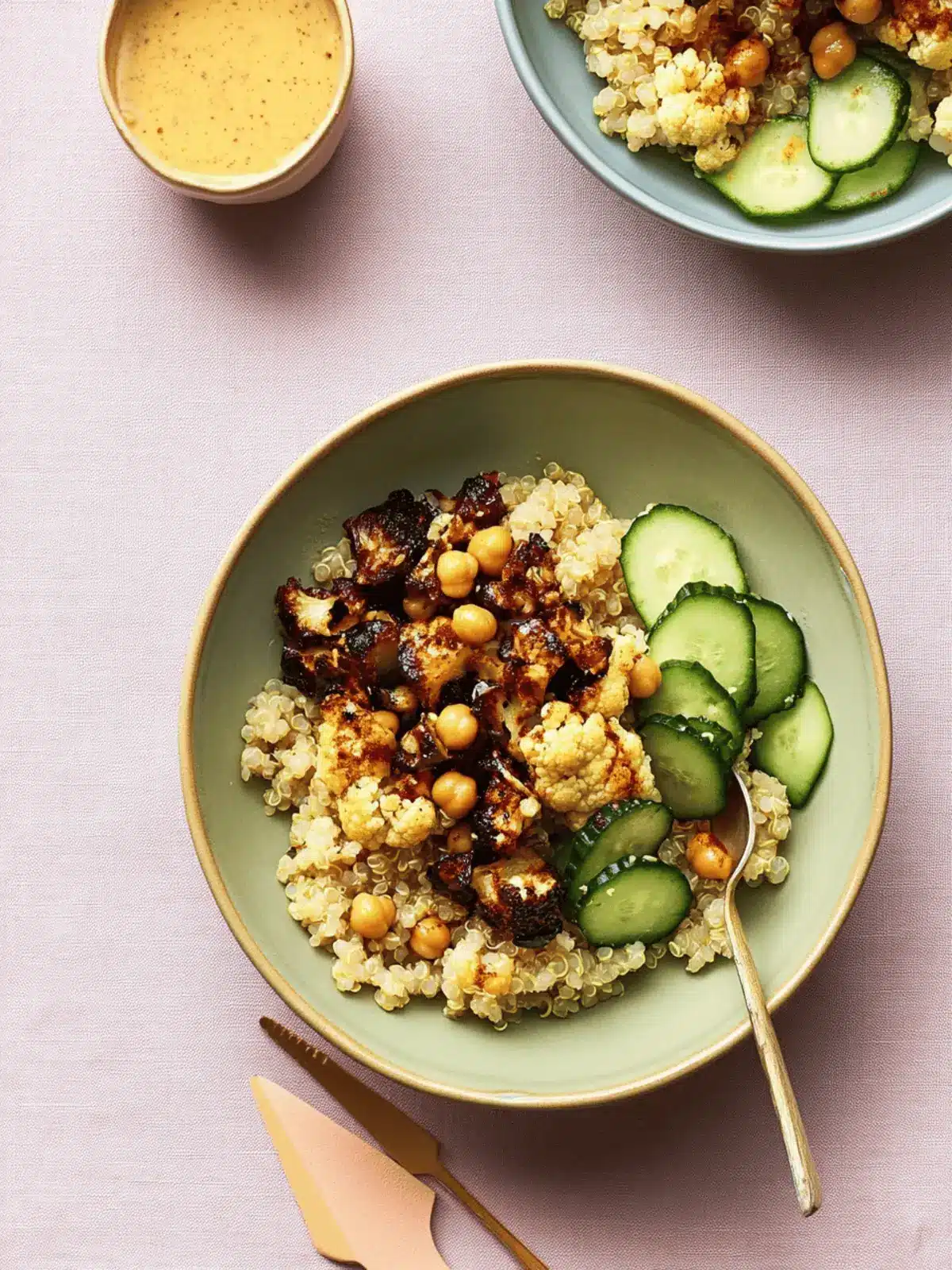 Roasted Cauliflower and Chickpea Quinoa Bowls with Curried Tahini