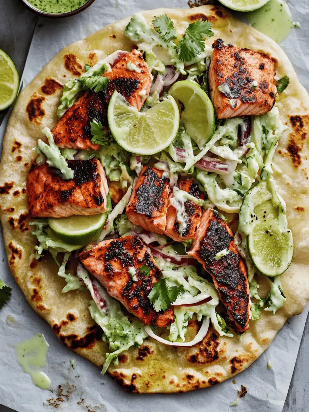 Blackened Salmon with Grilled Naan and Lime Slaw