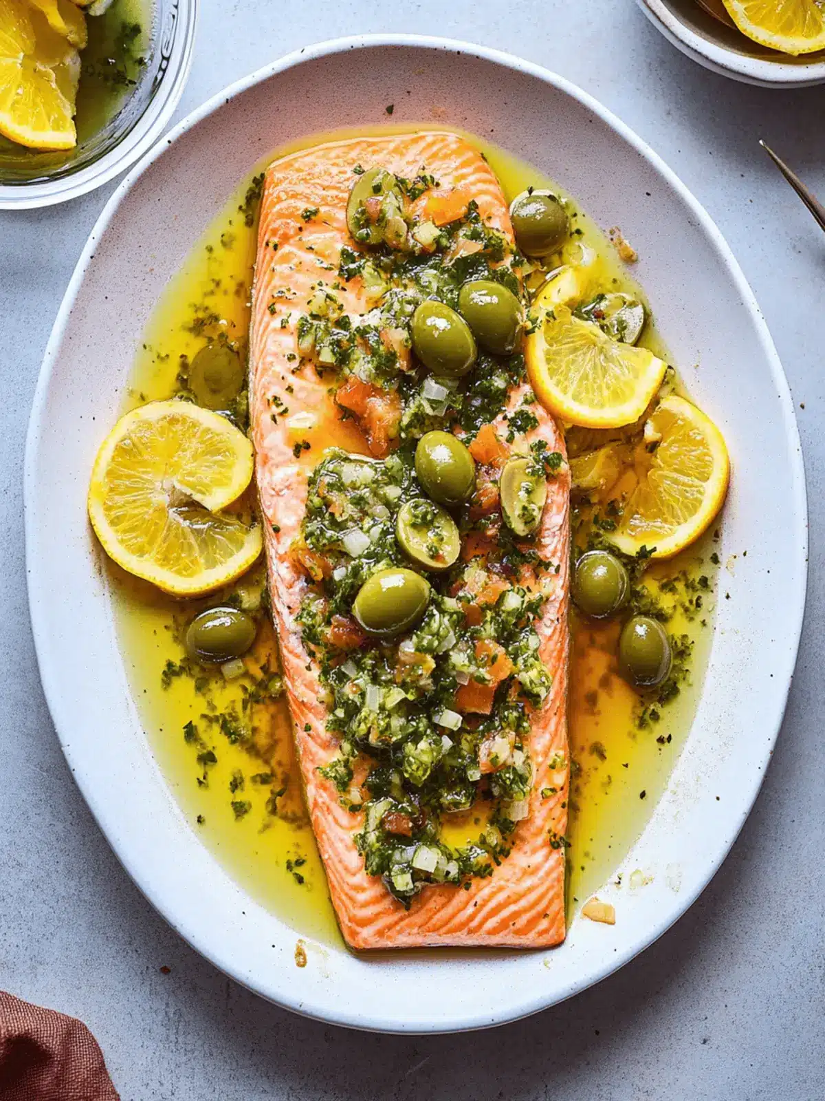 Roasted Citrus Salmon With Green Olive Salsa Verde