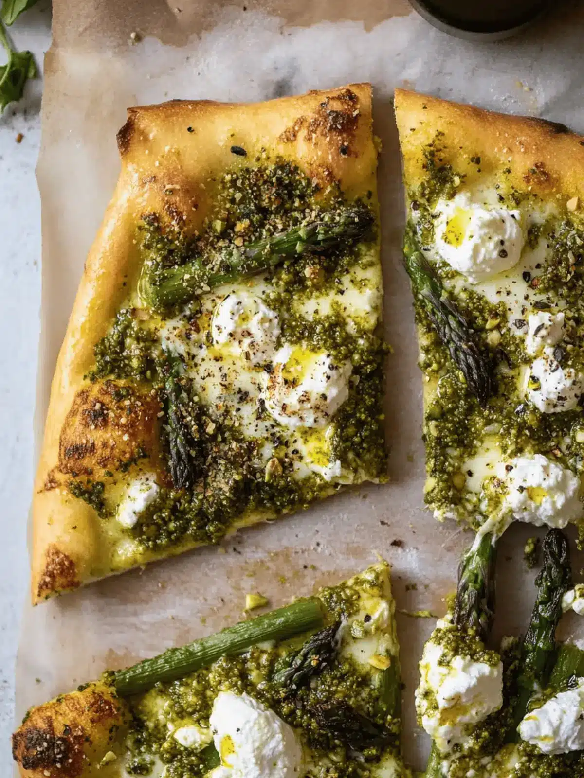 Spring Pistachio Pesto Pizza with Asparagus and Ricotta