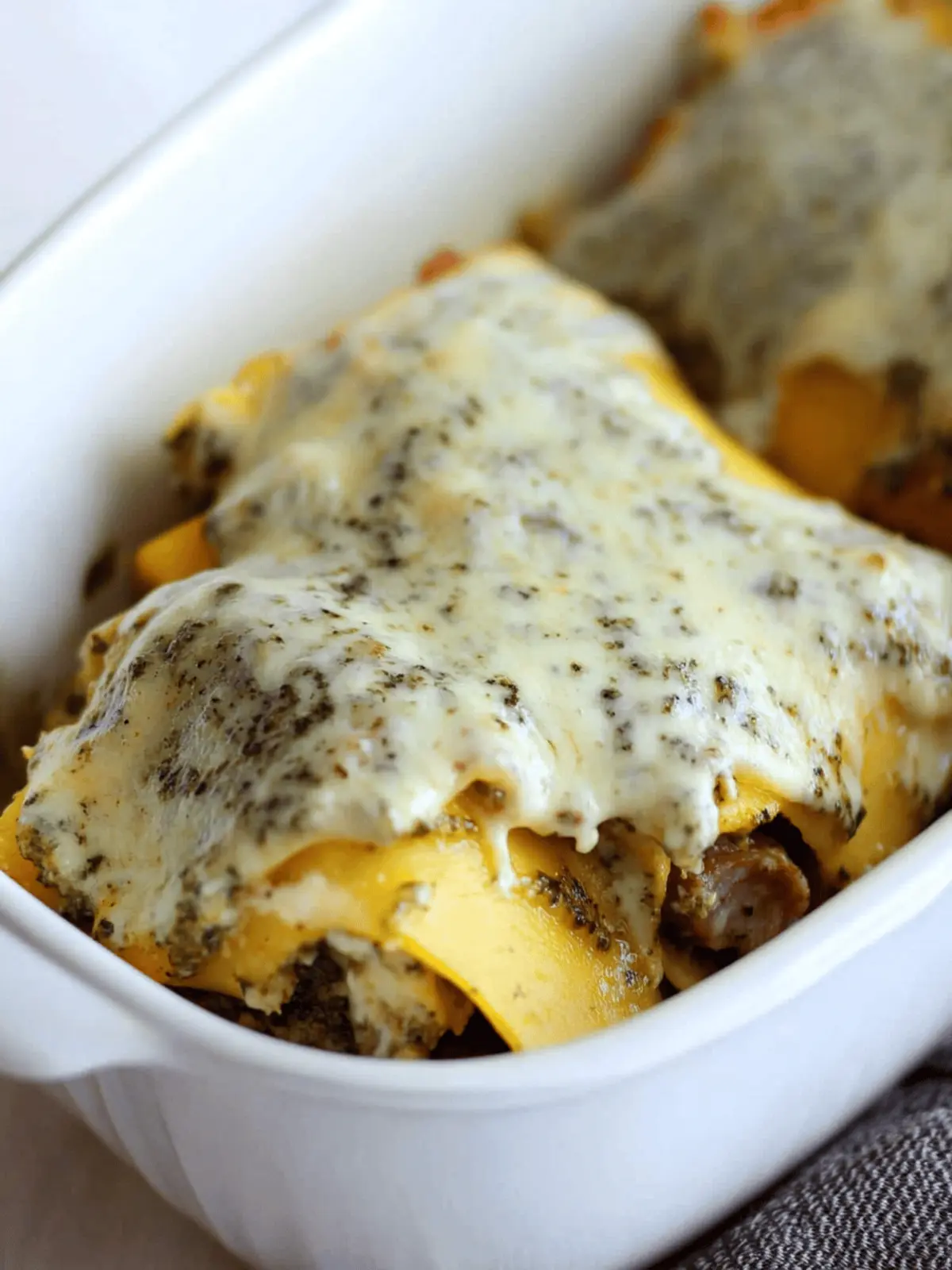 Roasted Garlic Butternut Squash Lasagna Roll-ups with Sweet Italian Sausage and Pesto Cream Sauce