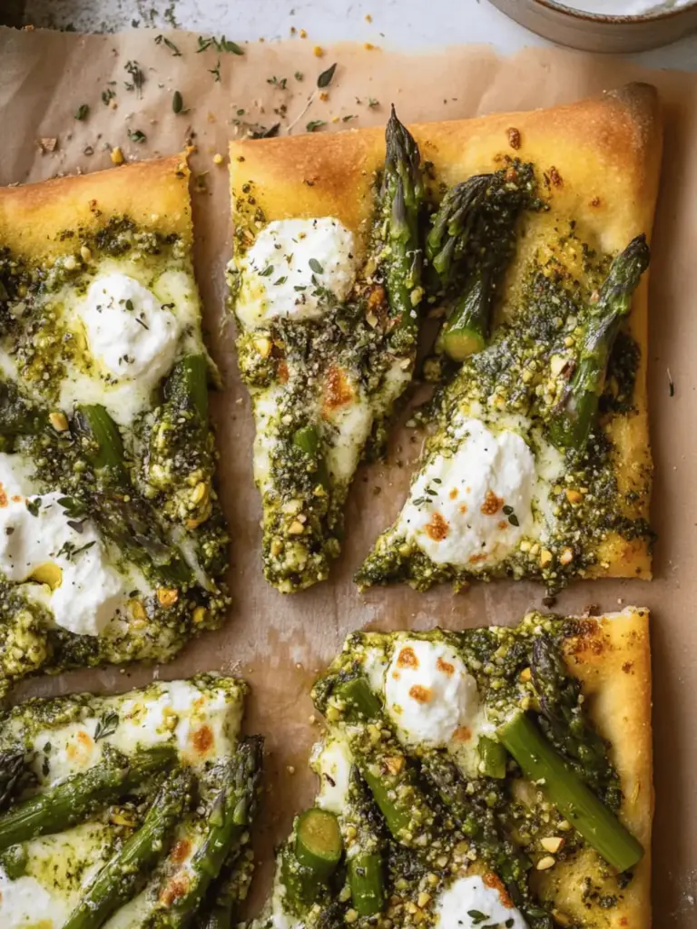 Spring Pistachio Pesto Pizza with Asparagus and Ricotta