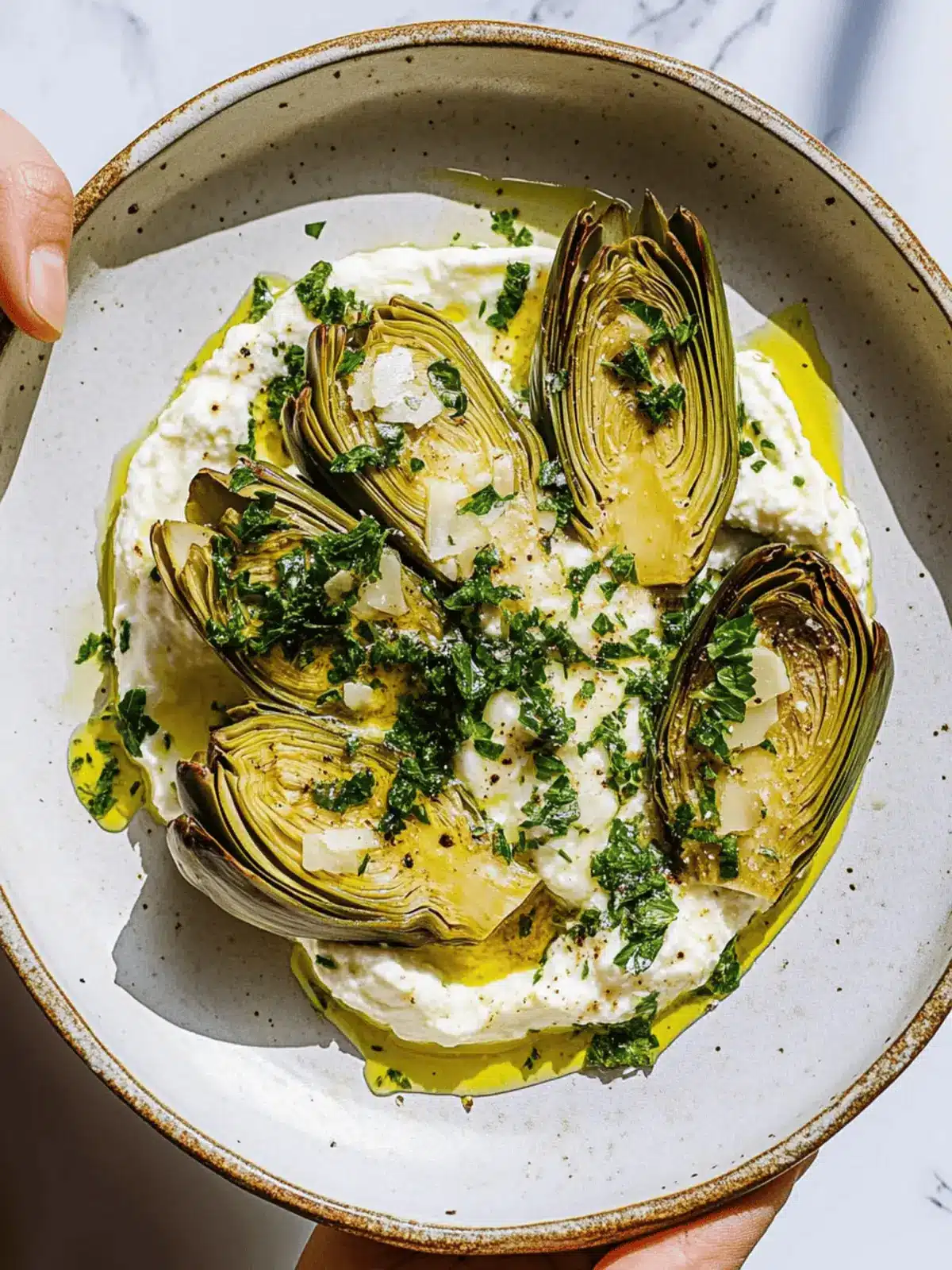 Artichokes on Whipped Ricotta with Herb Gremolata