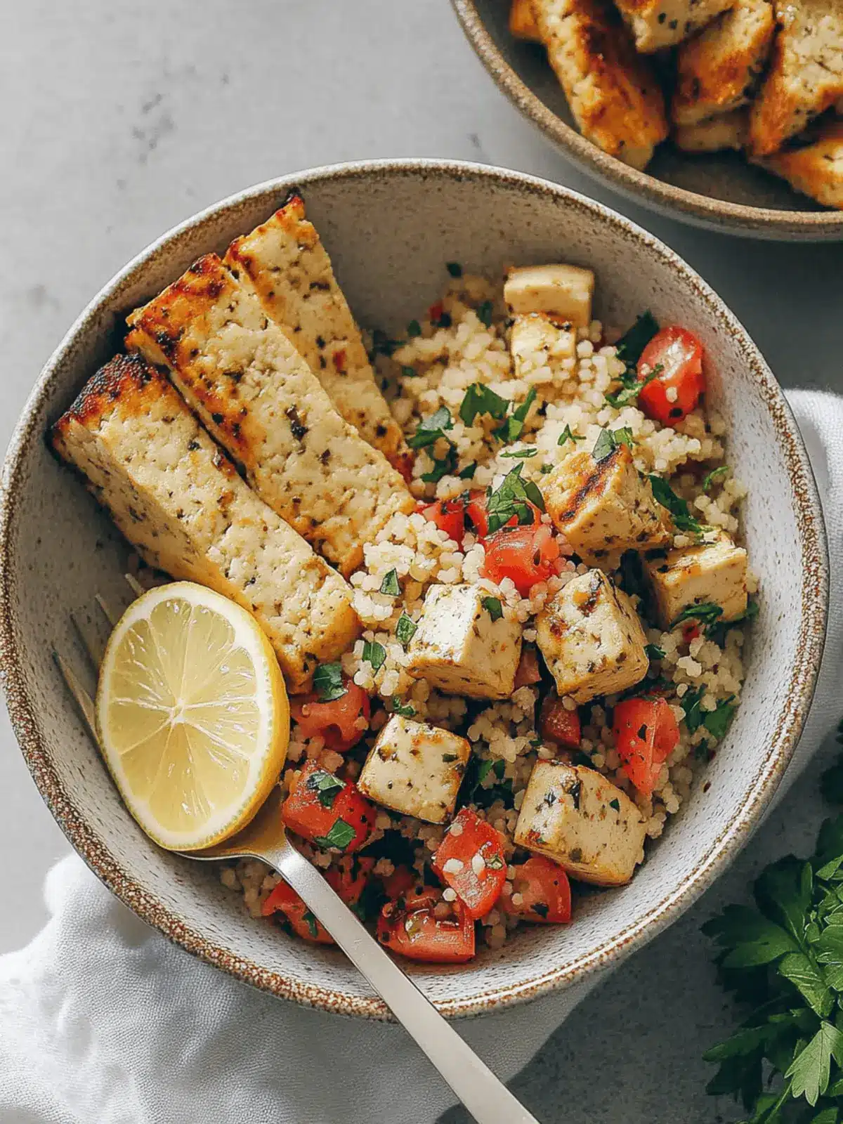 Mediterranean Herbed Lemon Tofu and Couscous Bowl