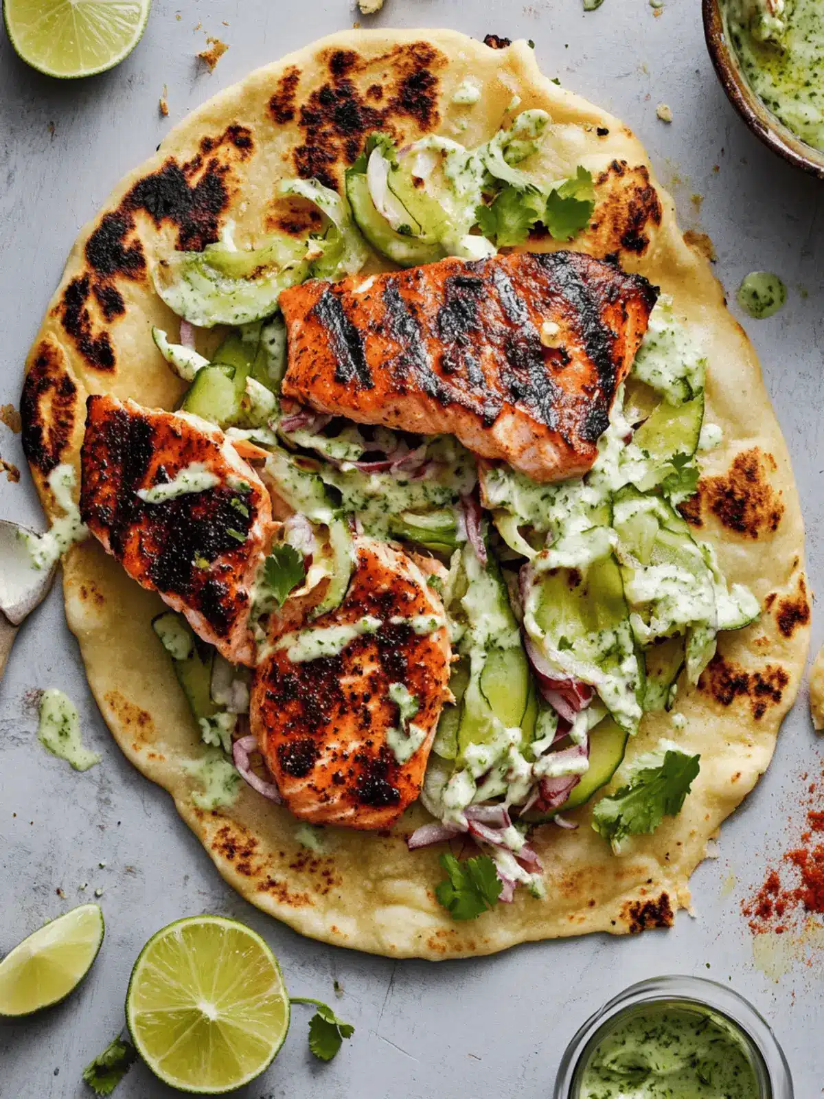 Blackened Salmon with Grilled Naan and Lime Slaw