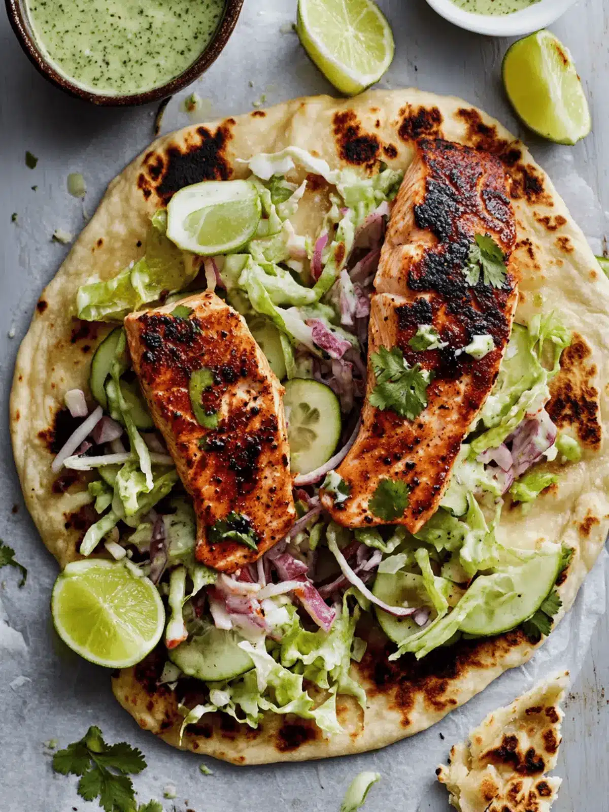 Blackened Salmon with Grilled Naan and Lime Slaw
