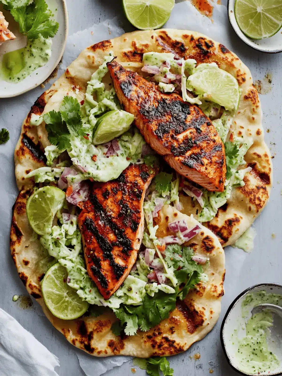 Blackened Salmon with Grilled Naan and Lime Slaw