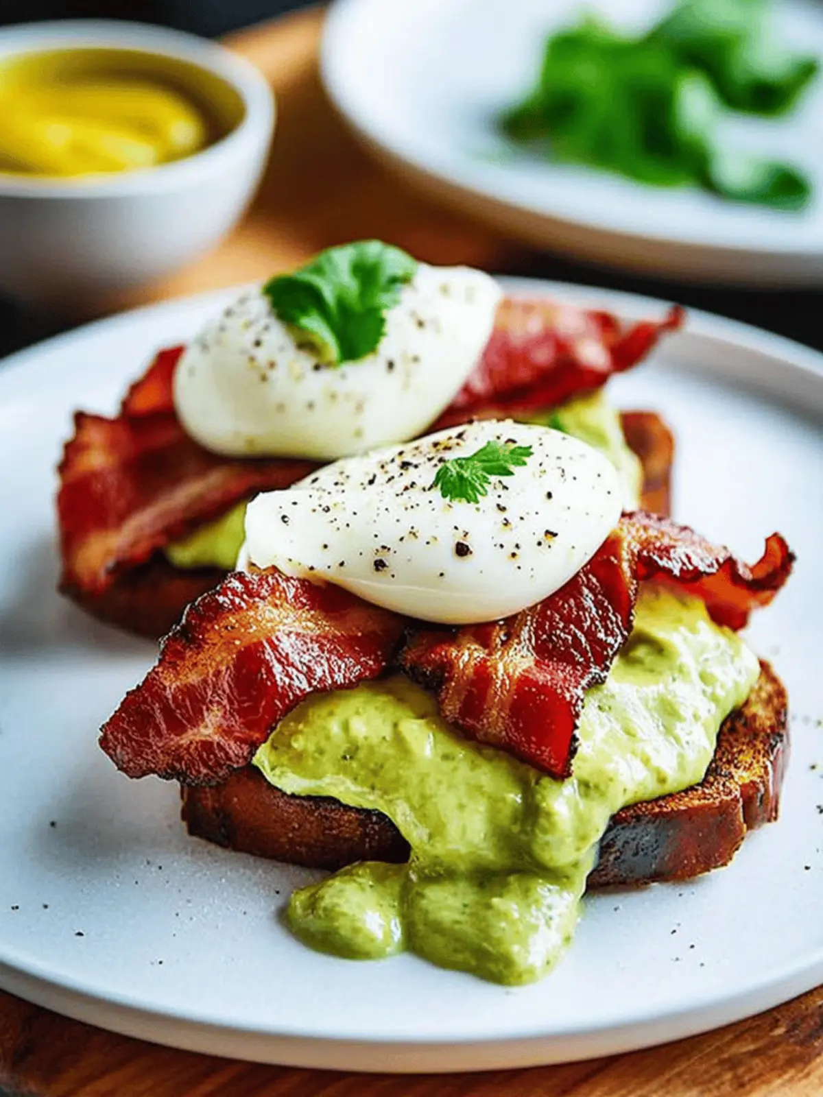 Eggs Benedict with Bacon, Avodaise (Avocado Hollandaise) and Harissa