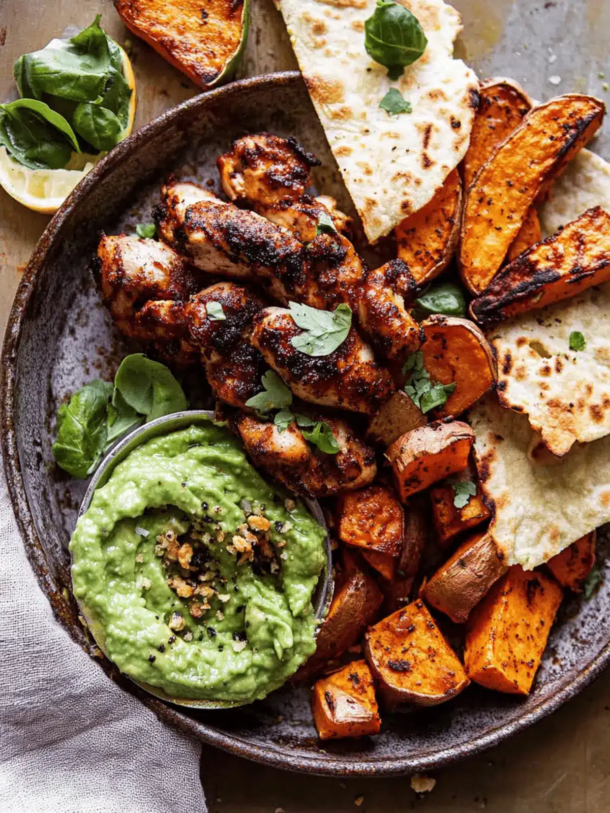 Sheet Pan Lemon Chicken with Sweet Potatoes and Avocado Goddess Sauce