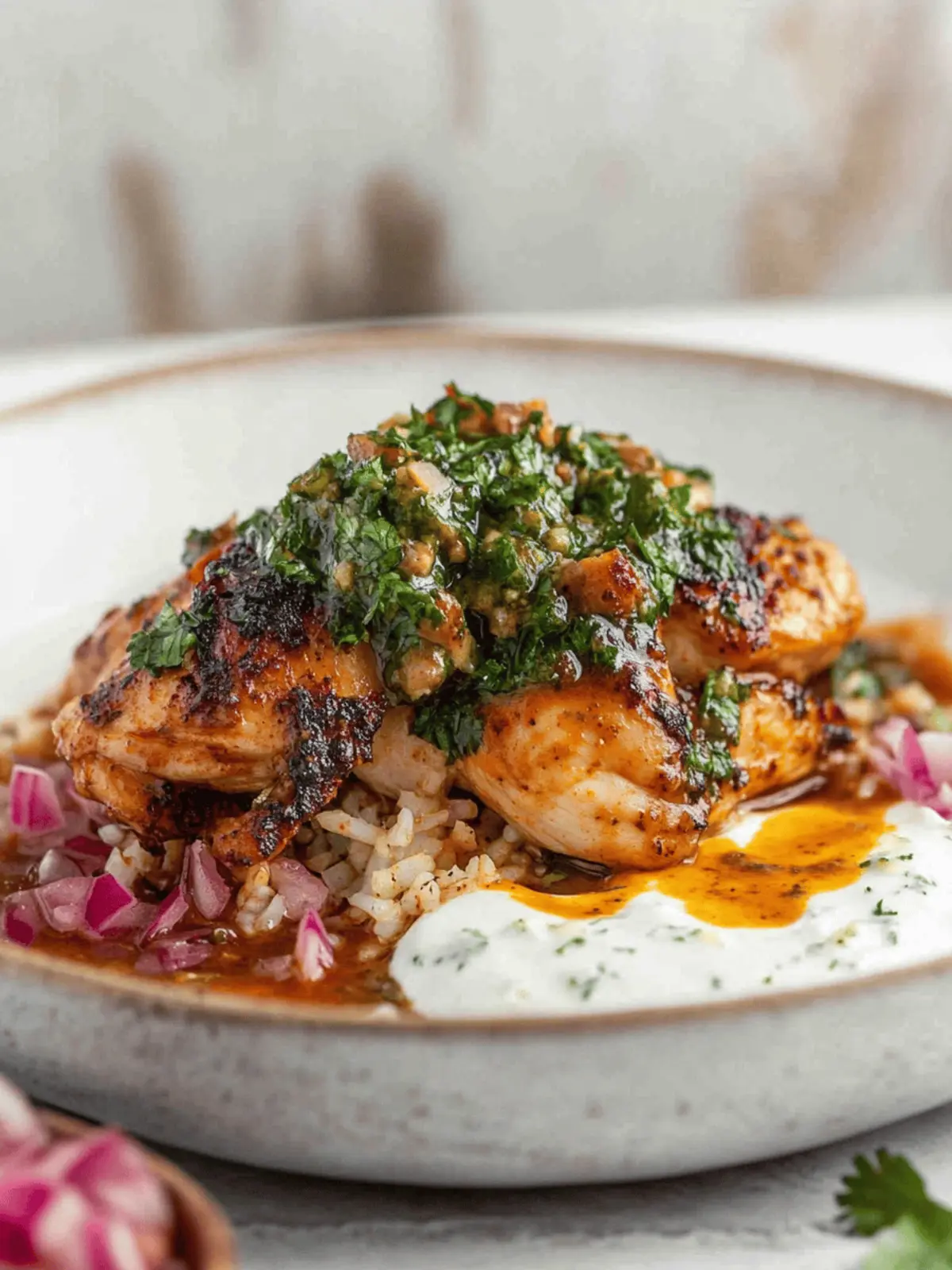 Spiced Chicken and Rice with Lime Chimichurri and Garlic Yoghurt