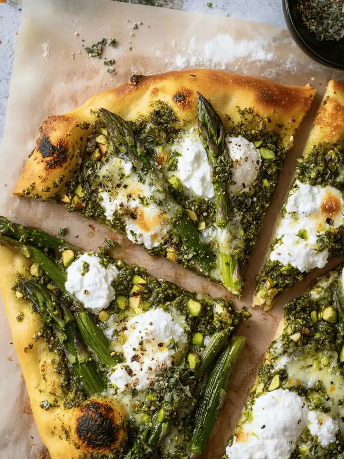 Spring Pistachio Pesto Pizza with Asparagus and Ricotta