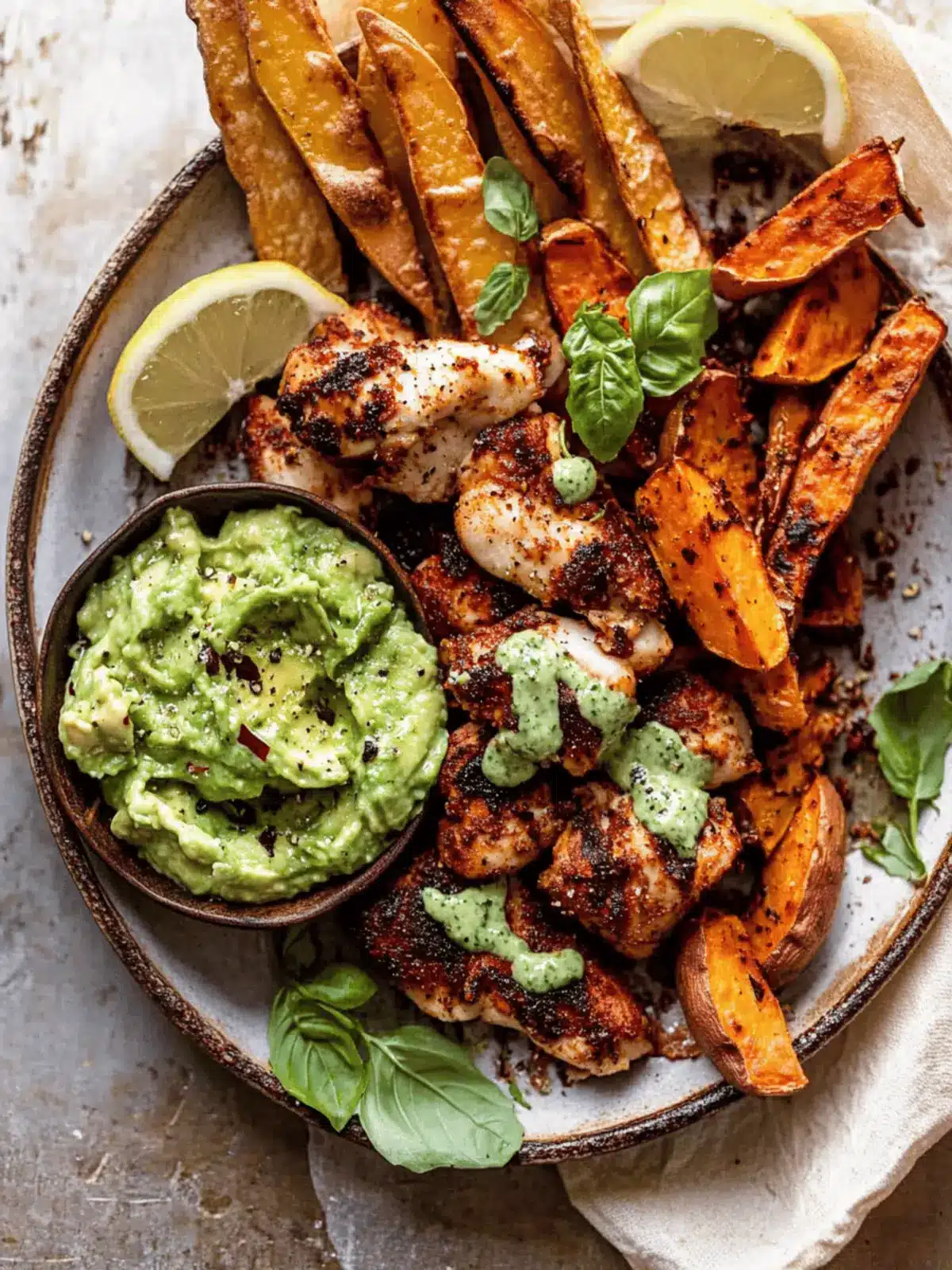 Sheet Pan Lemon Chicken with Sweet Potatoes and Avocado Goddess Sauce