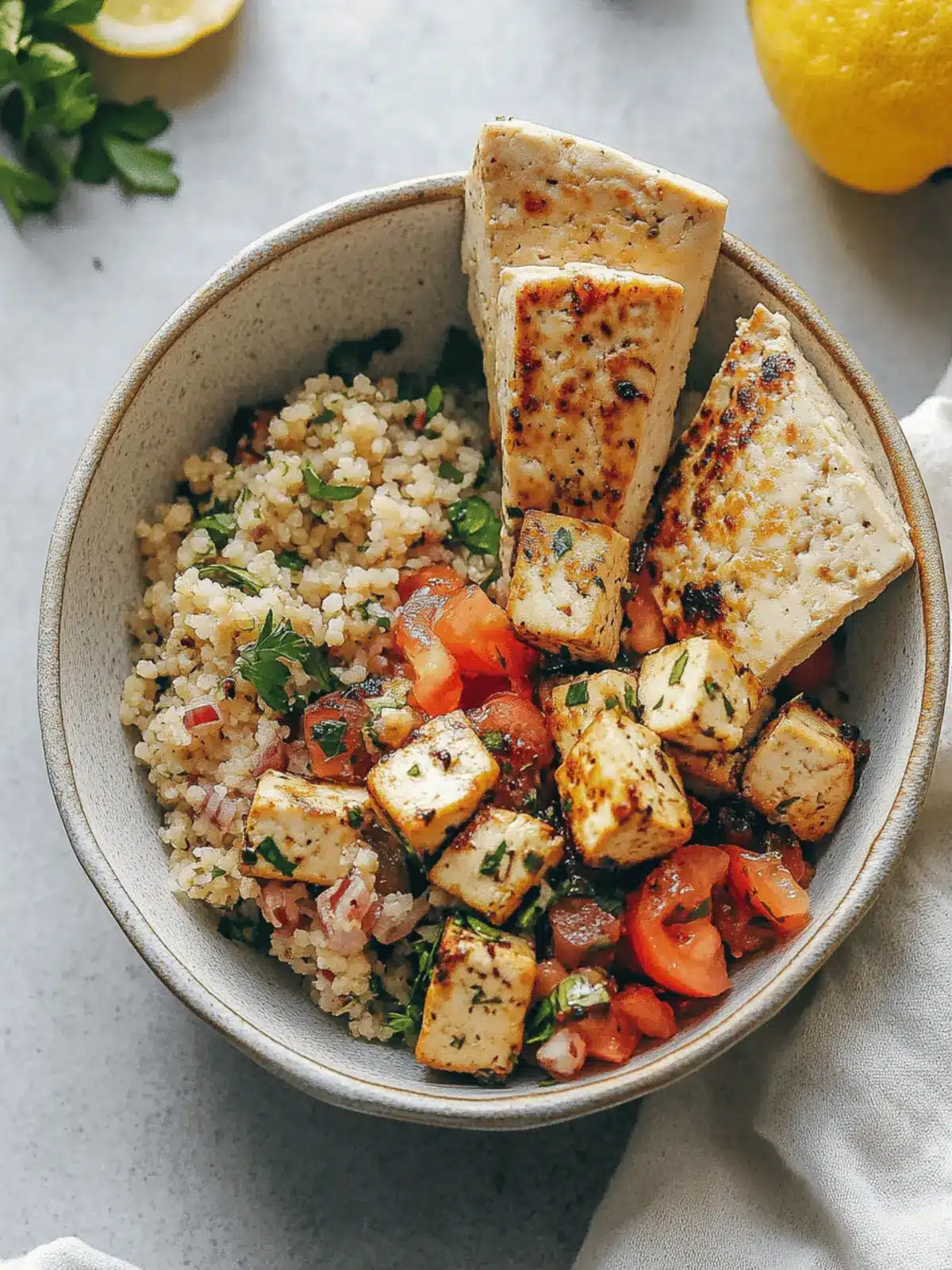 Mediterranean Herbed Lemon Tofu and Couscous Bowl