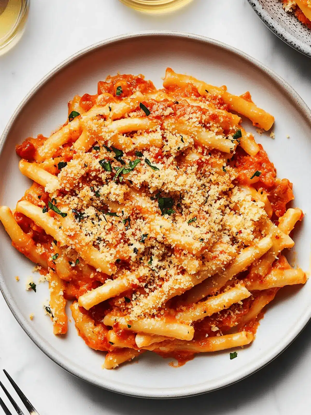 Creamy Vegan Red Pepper Pasta With Garlic Bread Breadcrumbs