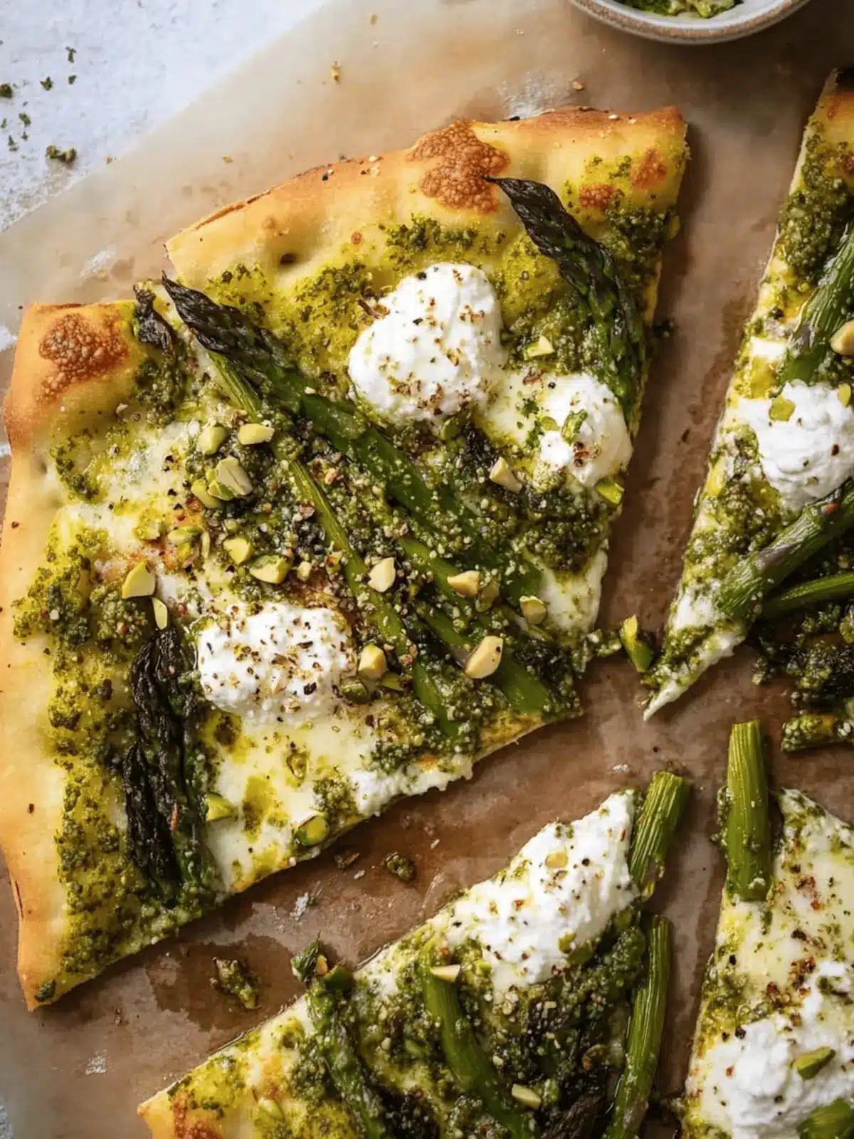 Spring Pistachio Pesto Pizza with Asparagus and Ricotta