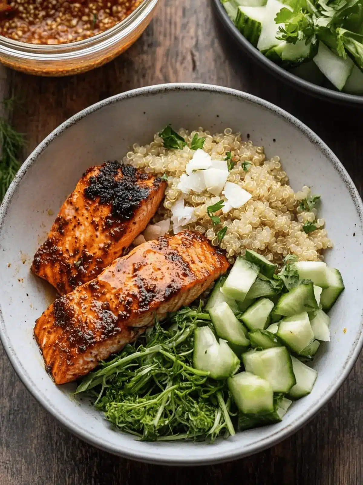 Honey Harissa Salmon Quinoa Bowls