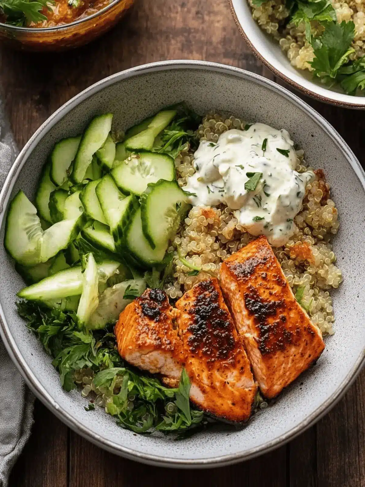 Honey Harissa Salmon Quinoa Bowls