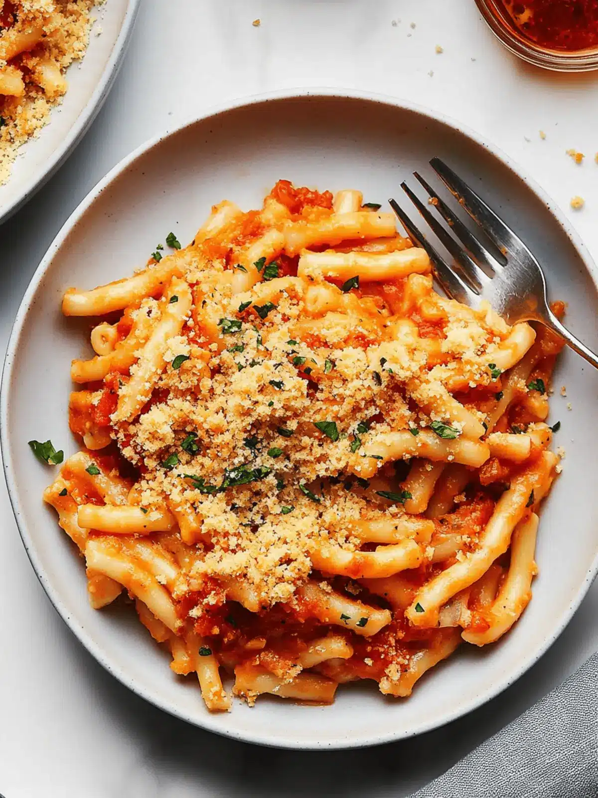 Creamy Vegan Red Pepper Pasta With Garlic Bread Breadcrumbs
