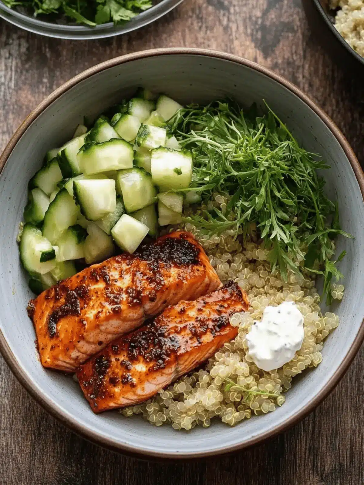 Honey Harissa Salmon Quinoa Bowls