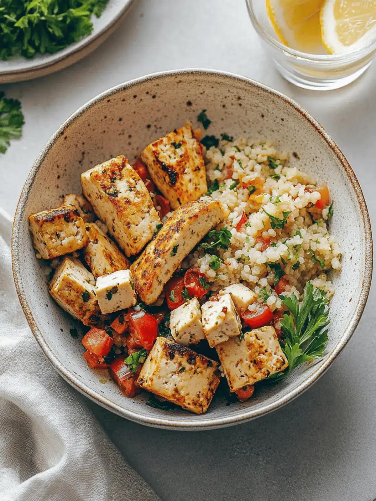 Mediterranean Herbed Lemon Tofu and Couscous Bowl