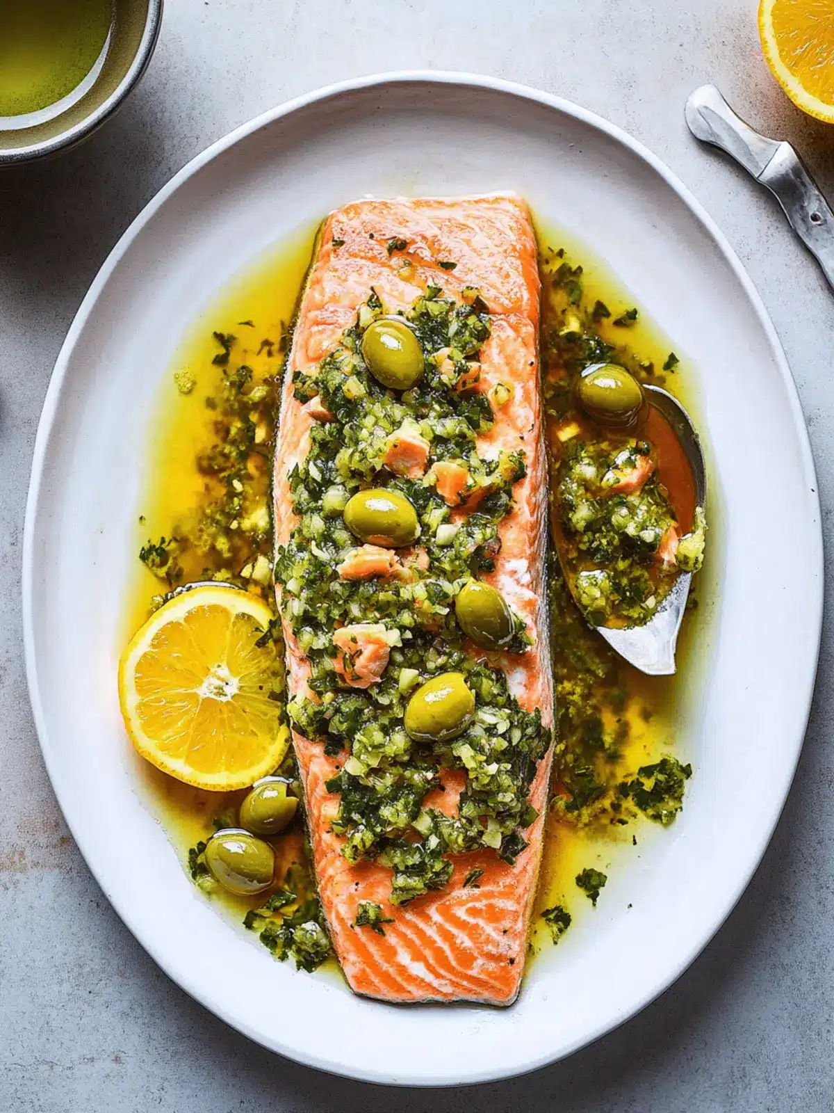 Roasted Citrus Salmon With Green Olive Salsa Verde
