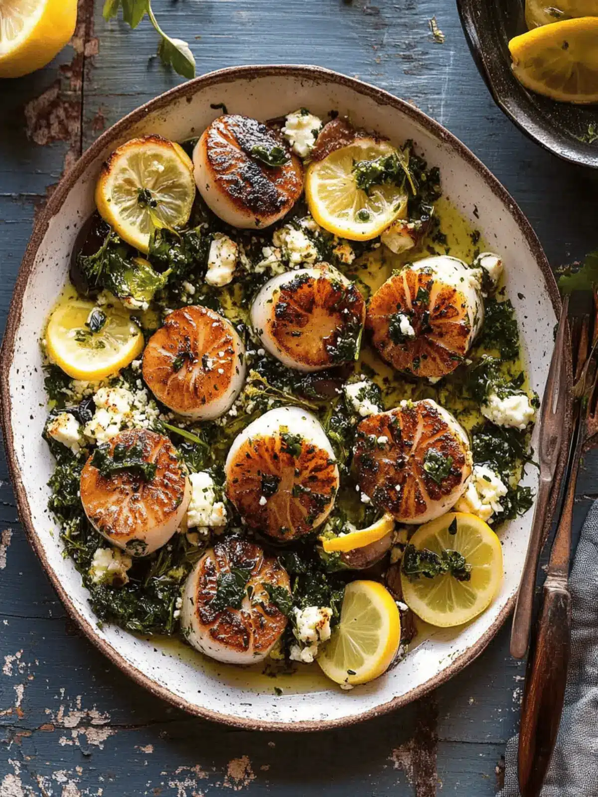 Herbed Garlic Butter Scallops with Lemony Feta Dressing