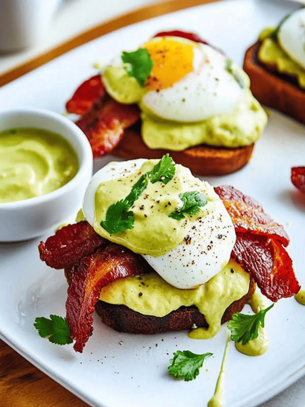 Eggs Benedict with Bacon, Avodaise (Avocado Hollandaise) and Harissa
