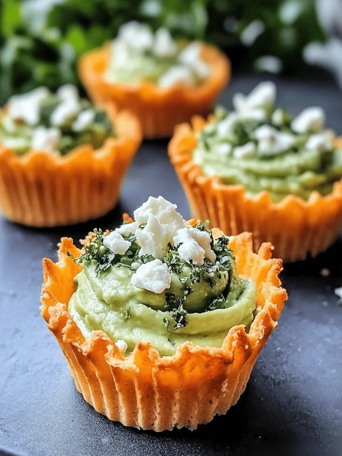 Cheddar Cups with Avocado Feta Mousse