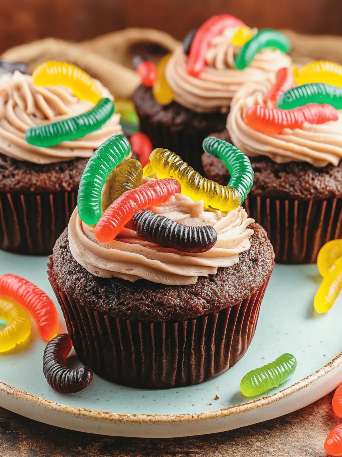 Dirt Cupcakes with Gummy Worms