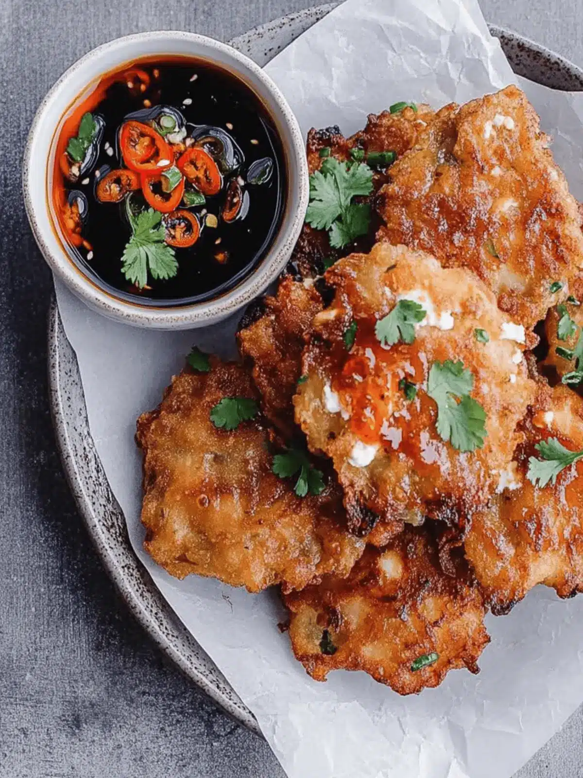 Onion and feta fritters with sweet chilli soy dipping sauce