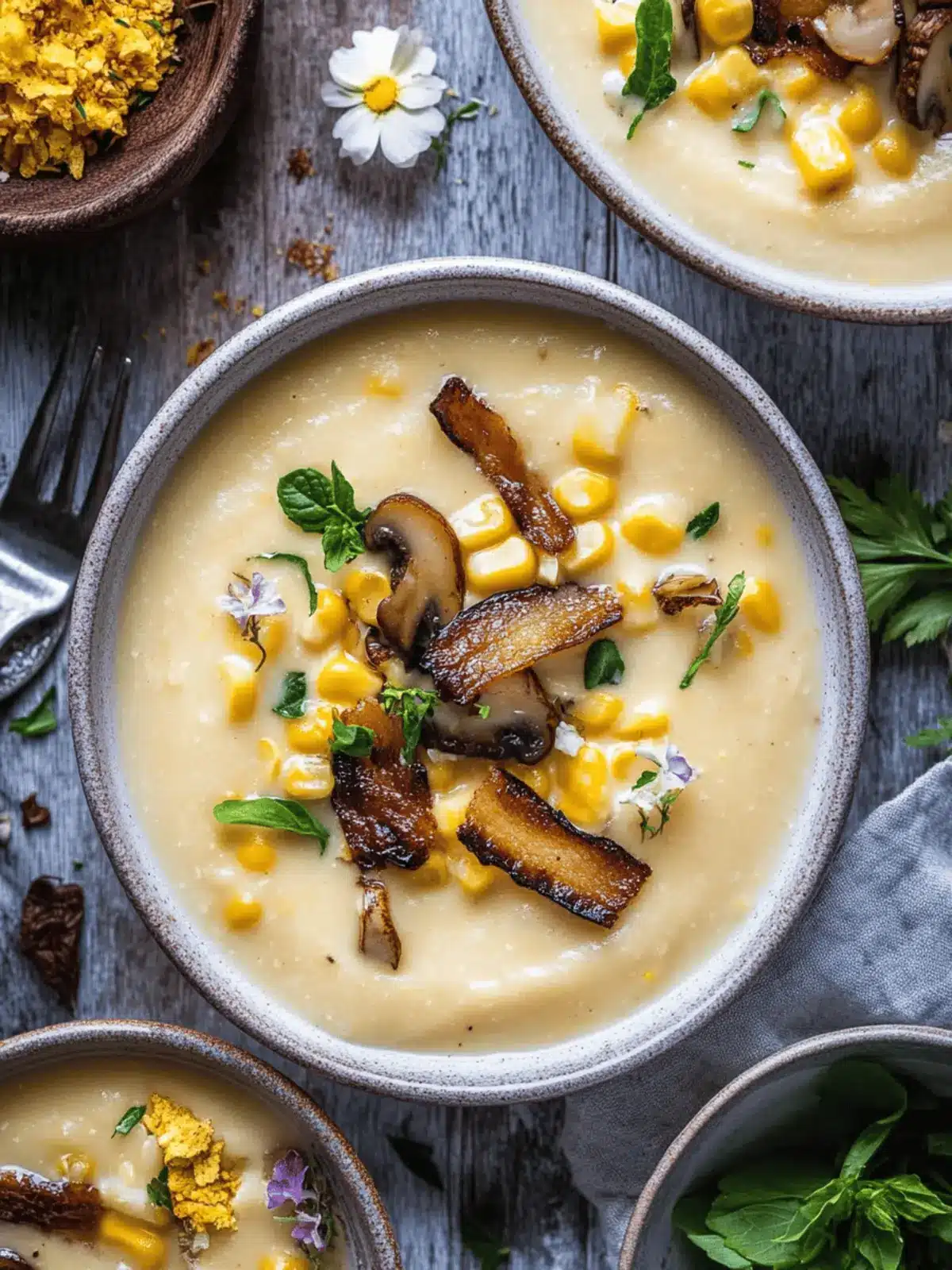 Creamy Vegan Corn Chowder with Smoky Shiitake Bacon Twist 2 Vegan Corn Chowder with Shiitake Bacon