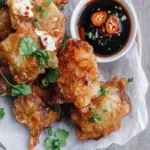 Onion and feta fritters with sweet chilli soy dipping sauce