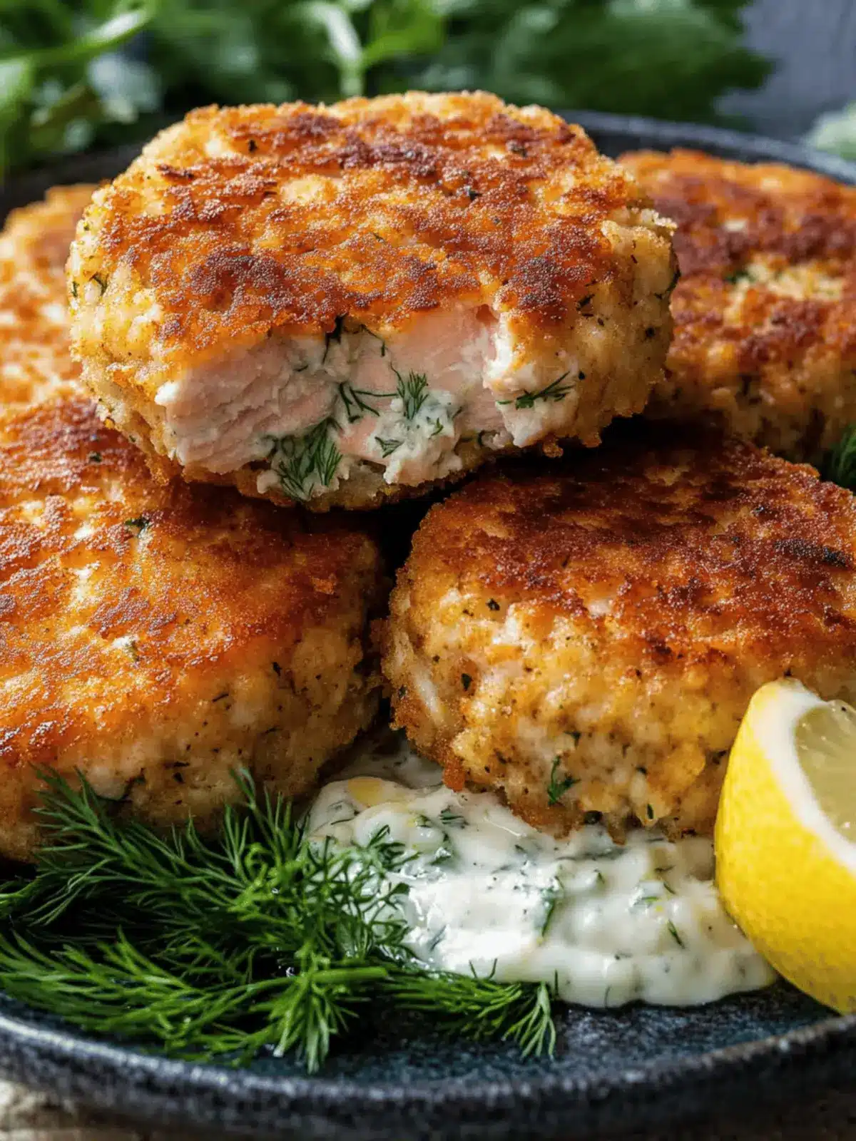 Crispy Salmon Cakes with Lemon-Dill Sauce