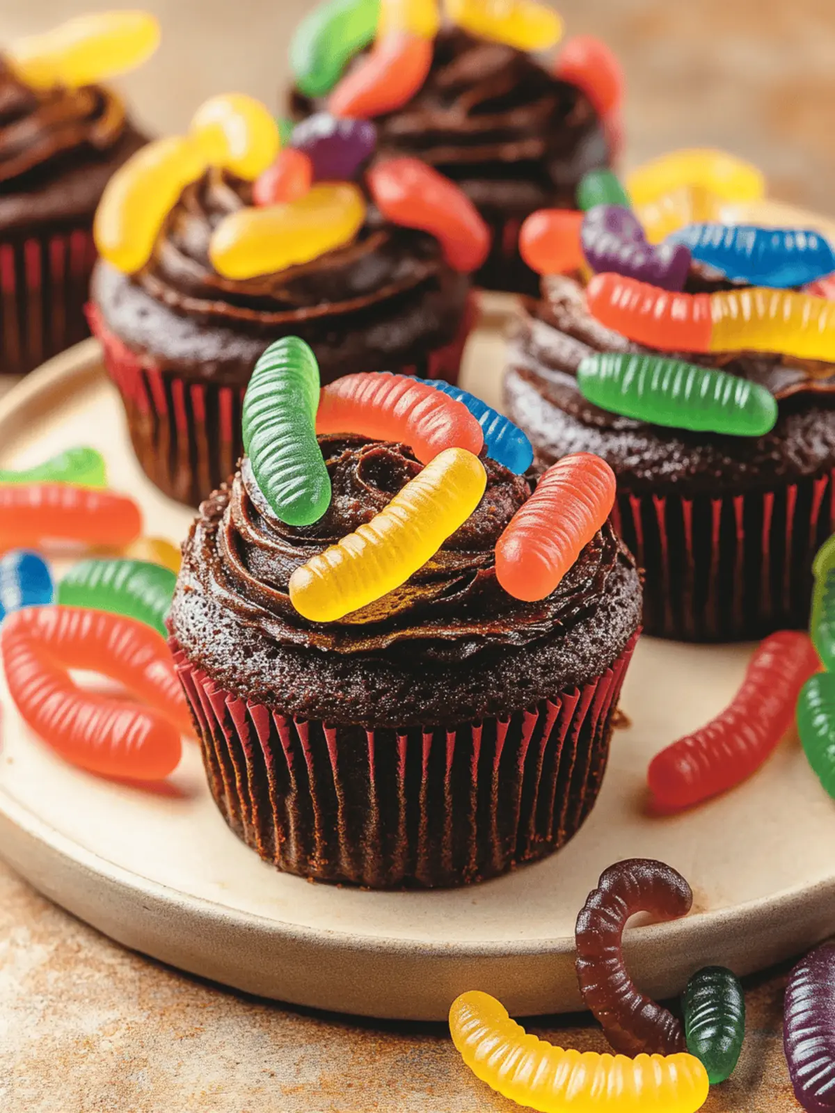 Dirt Cupcakes with Gummy Worms