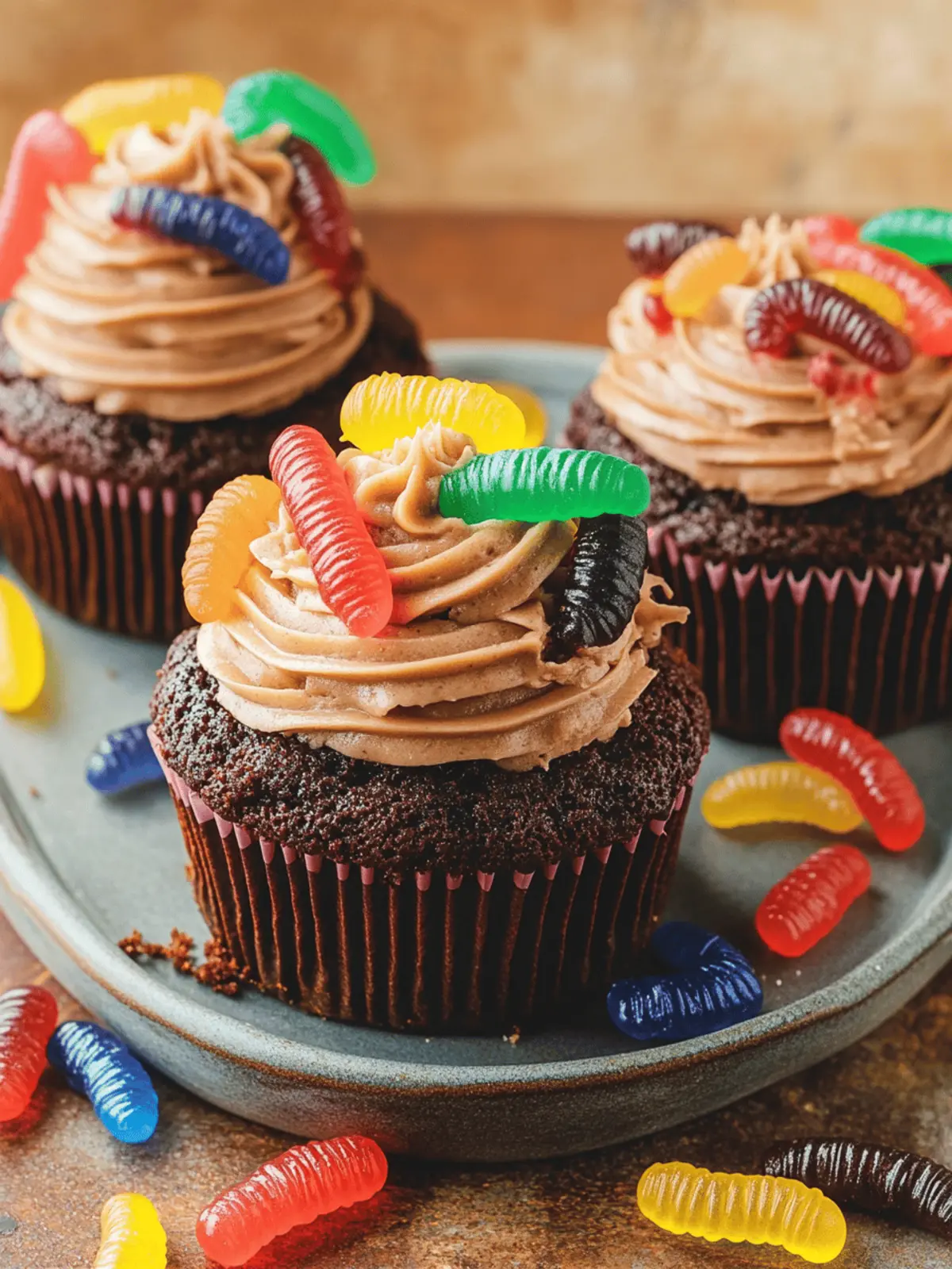 Dirt Cupcakes with Gummy Worms