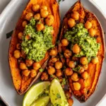Baked Sweet Potatoes w/ Chickpeas & Broccoli Pesto