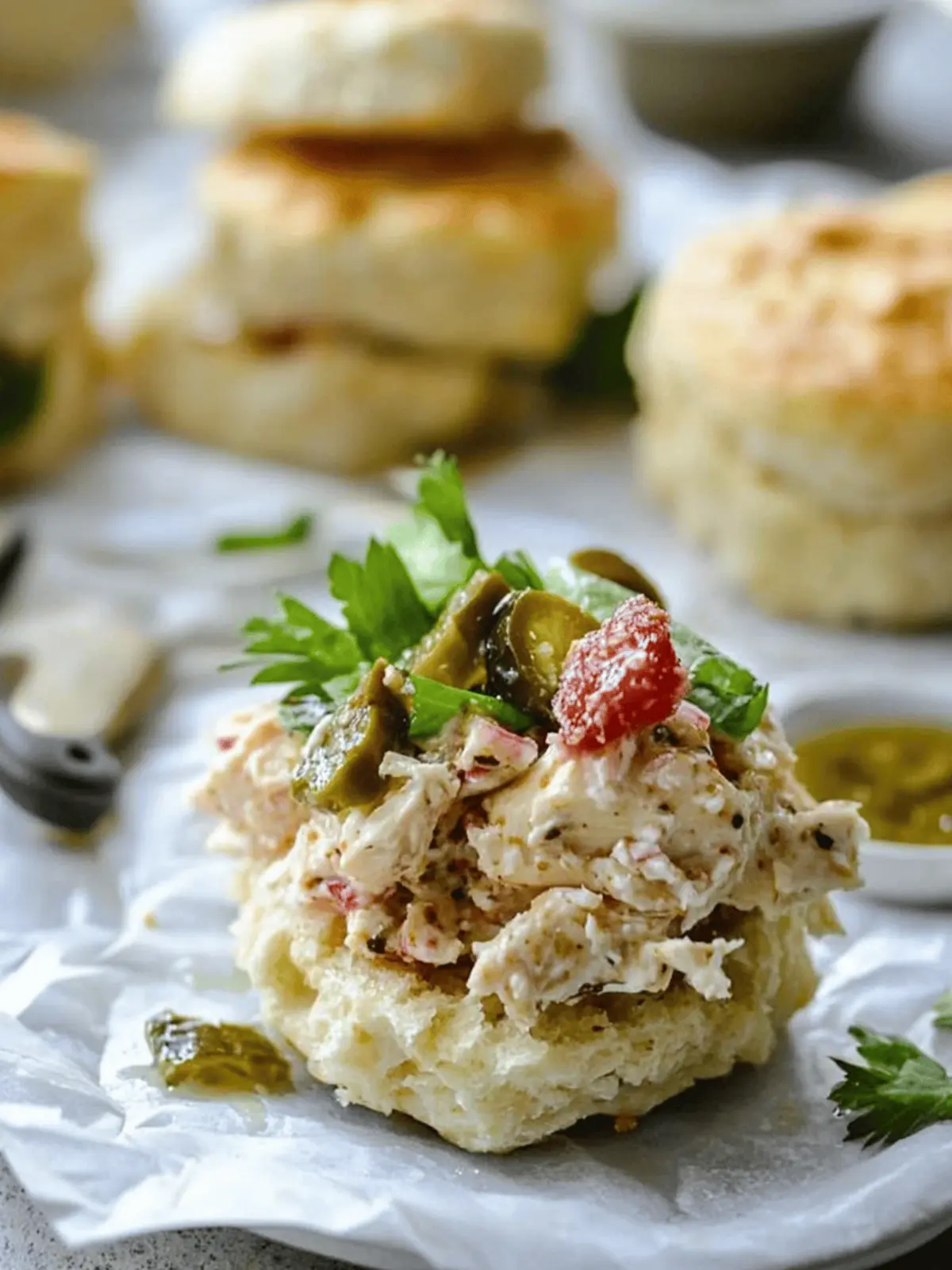 Pimento Cheese Chicken Salad Loaded on Honey Butter Biscuits 2 Pimento Cheese Chicken Salad on Honey Butter Biscuits