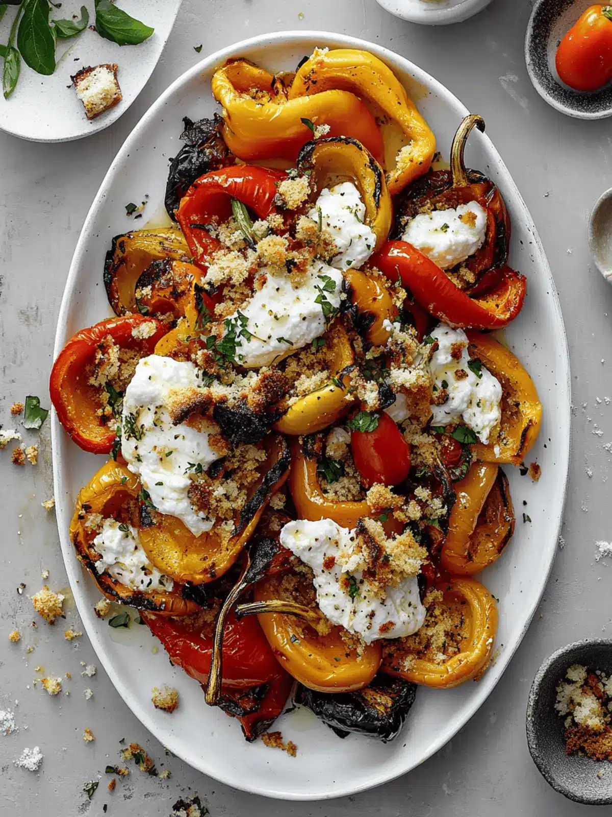 Grilled Marinated Peppers with Burrata and Breadcrumbs