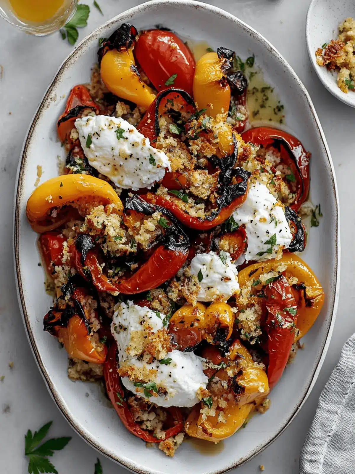 Grilled Marinated Peppers with Burrata and Breadcrumbs
