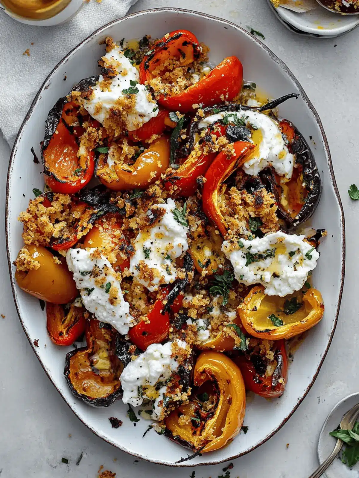 Grilled Marinated Peppers with Burrata and Breadcrumbs