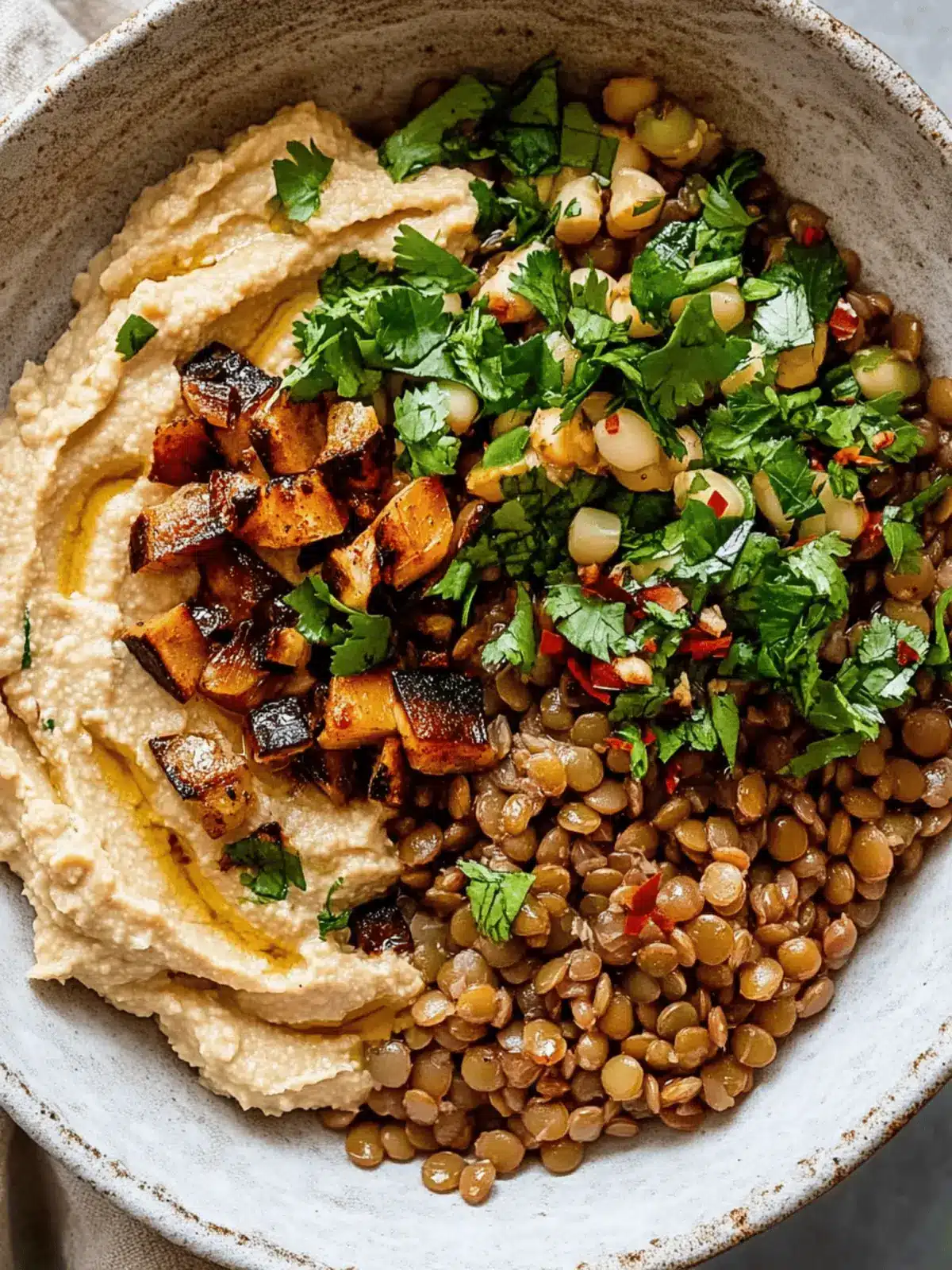 Quick Sautéed Lentil Bowl with Hummus and Chili Oil