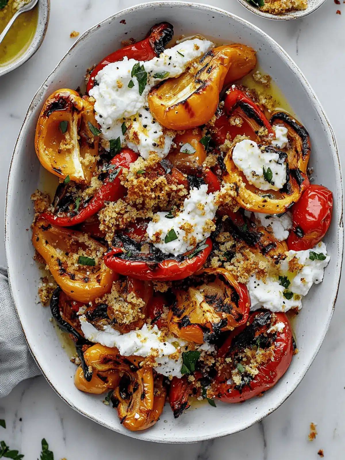 Grilled Marinated Peppers with Burrata and Breadcrumbs
