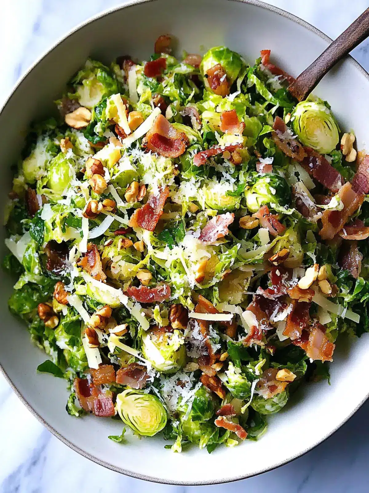 Shaved Brussels Sprout Salad with Crispy Bacon, Parmesan, and Toasted Walnuts