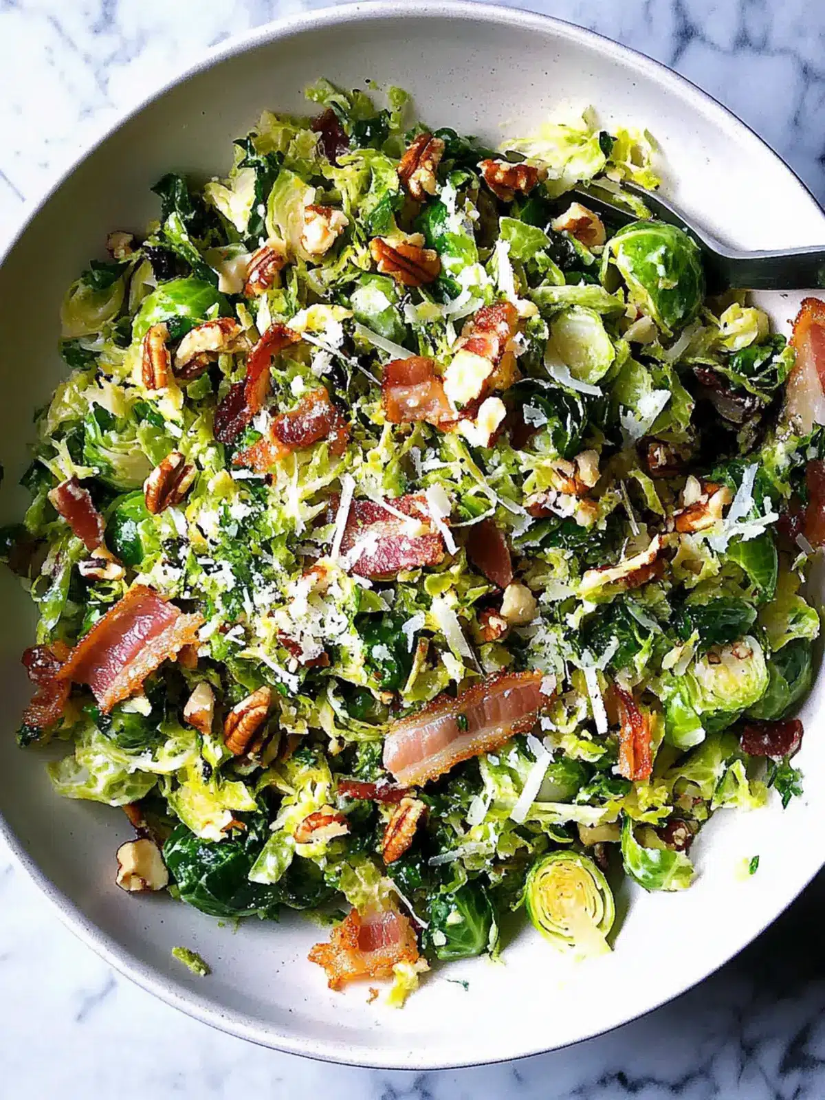 Shaved Brussels Sprout Salad with Crispy Bacon, Parmesan, and Toasted Walnuts