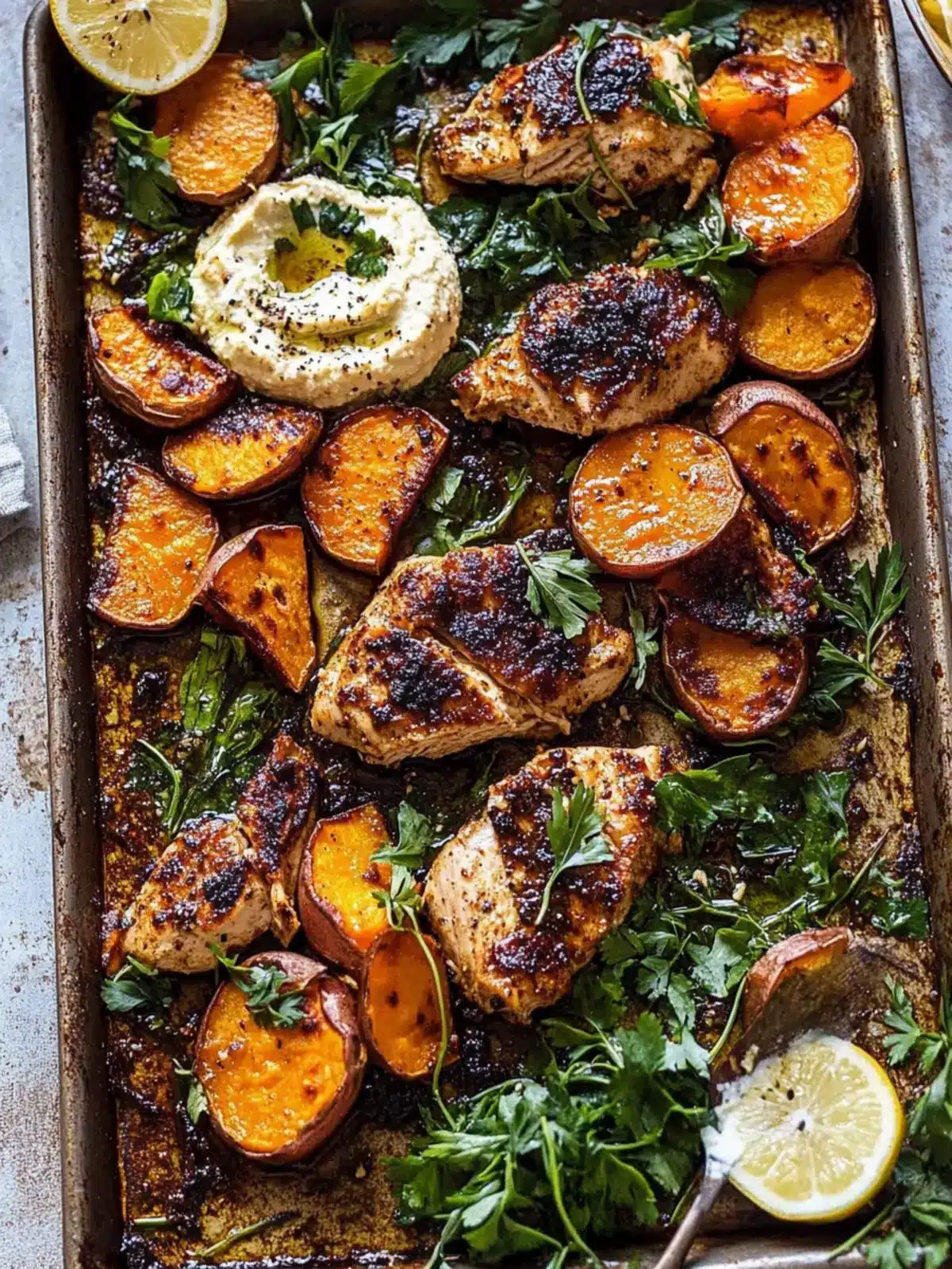 Sheet Pan Chicken Shawarma with Sesame Sweet Potatoes Bliss 3 Sheet Pan Chicken Shawarma with Sesame Sweet Potatoes and Hummus